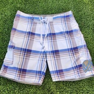 Lost Mayhem Board Shorts Size 38 Men's Blue Plaid Swim Shorts Trunks Pocket Surf